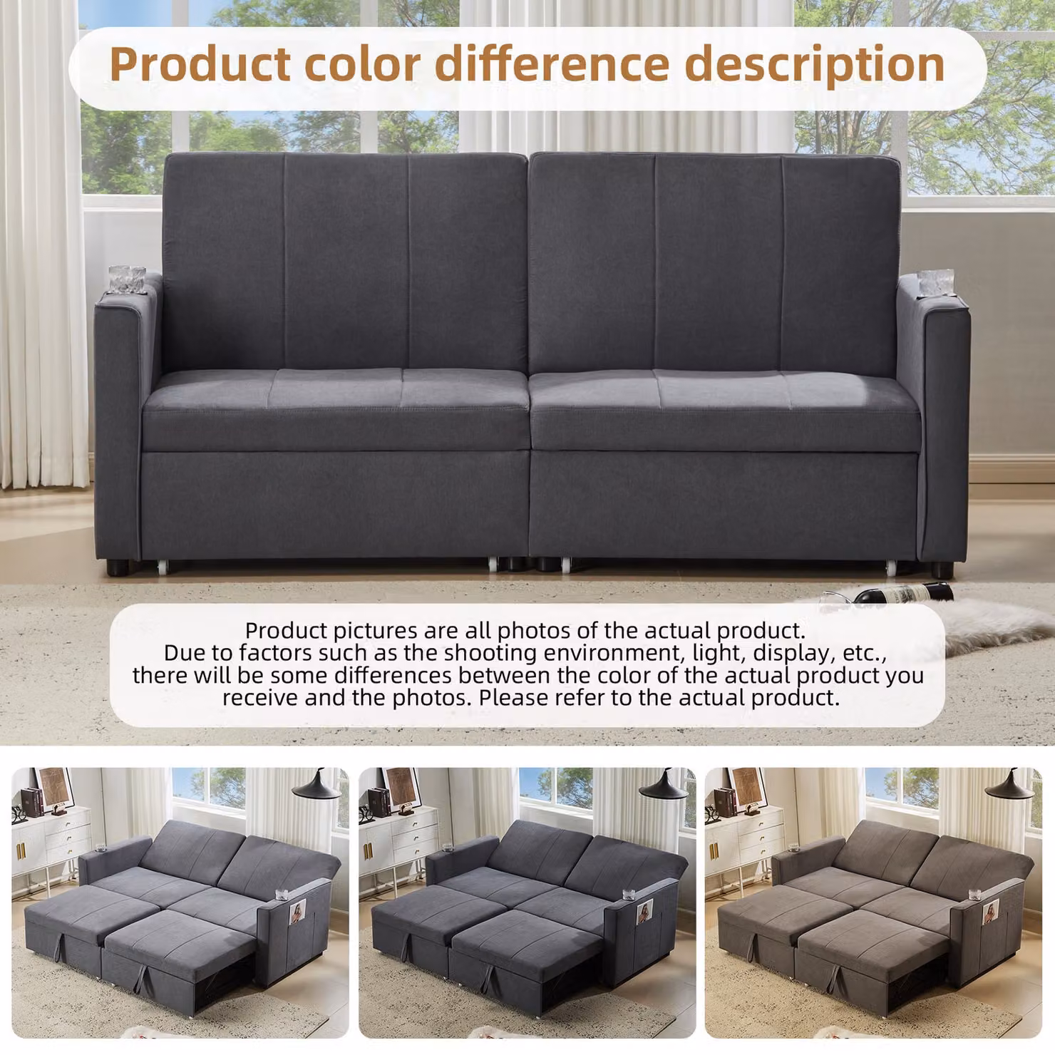 Aosom UK Modern Convertible Fabric Sofa Chair with Cup Holders and Side Pockets, King Size Pull Out Sofa Bed, Grey, W/D/H: 87 x 207 x 96 cm – 4
