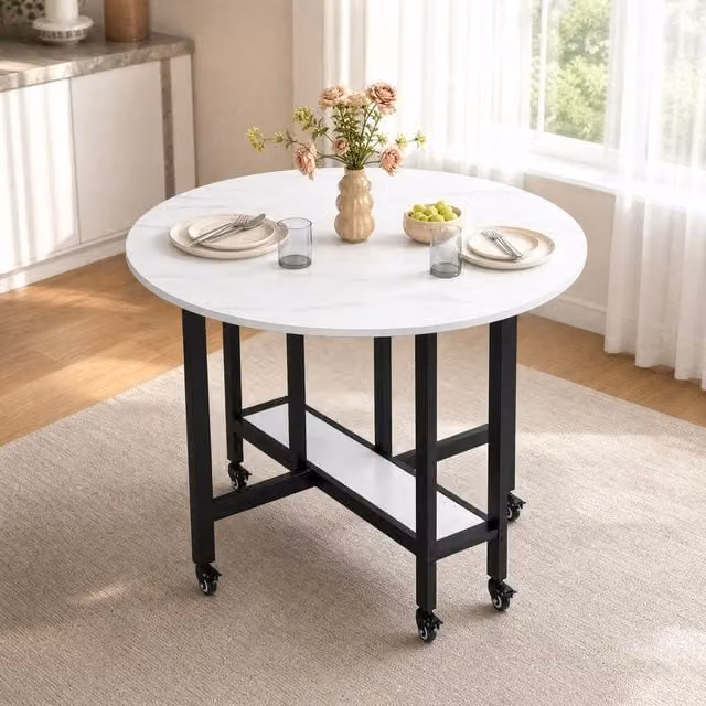 STILVORA White Folding Dining Table with Drop Leaf and Lockable Castors
