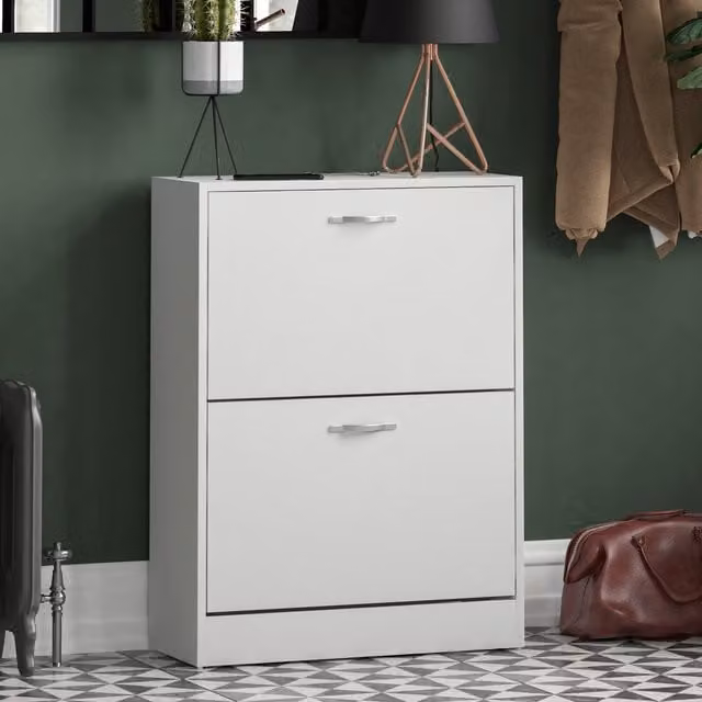 Vida Designs Modern White 2 Drawer Shoe Cabinet with Tilting Compartments