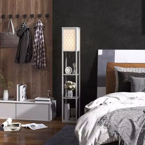 HOMCOM Modern Floor Lamp with 3 Shelves and Fabric Lampshade in Grey – 5