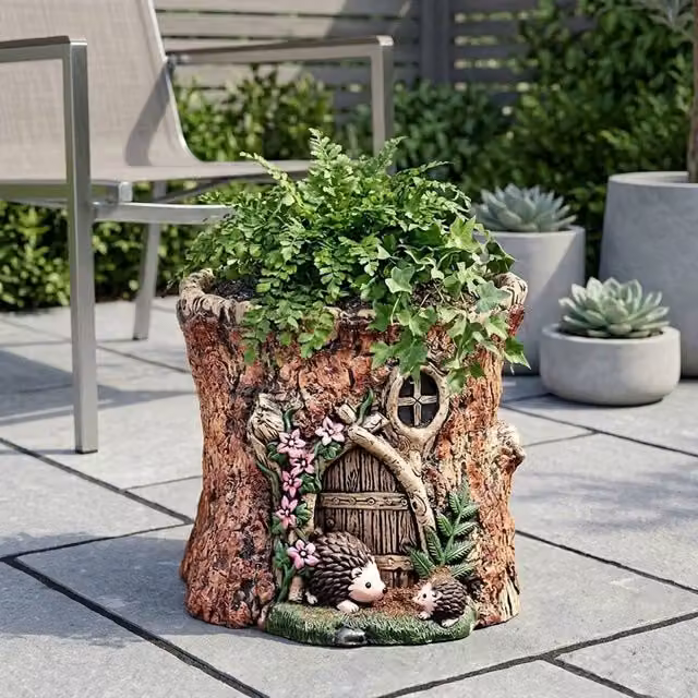 Garden Greatness Hedgehog Woodland Door Garden Planter Pot in Brown