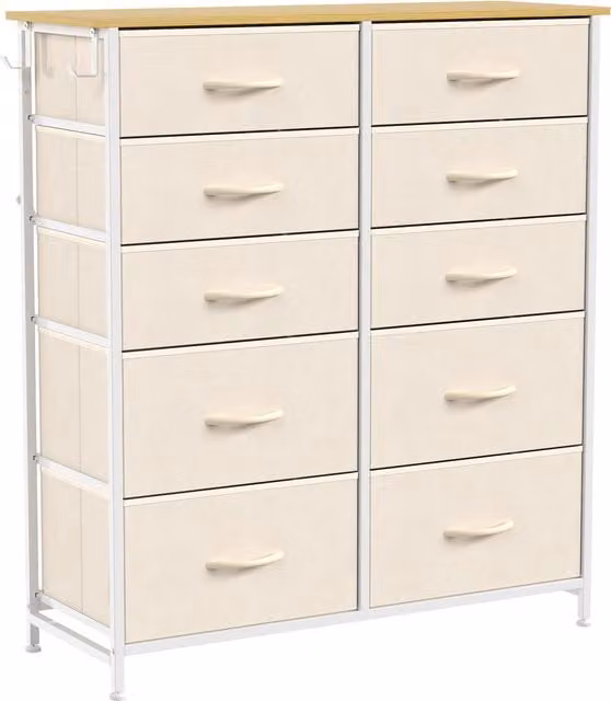 HOMCOM Beige Chest of Drawers with 10 Fabric Drawers, Tall Steel Frame Storage Unit with 4 Pockets and 2 Hooks