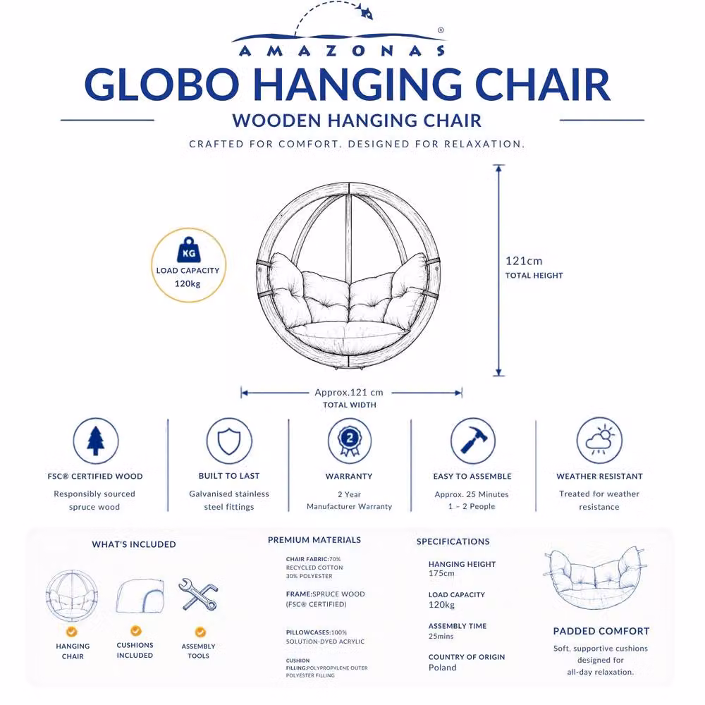 Amazonas Globo Single Hanging Egg Chair in Taupe with Spruce Wood for Indoor and Outdoor Use – 3