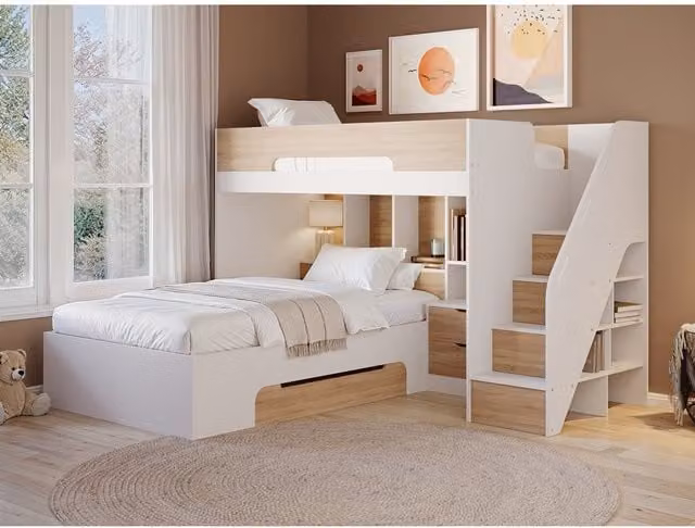 Flair Greyson Triple Bunk Bed in Brown and White Solid Wood with Stairs and Drawers