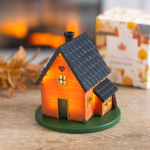 Something Different Wholesale Rustic Woodland House LED Light Up Christmas Tabletop Decoration in Orange and Brown