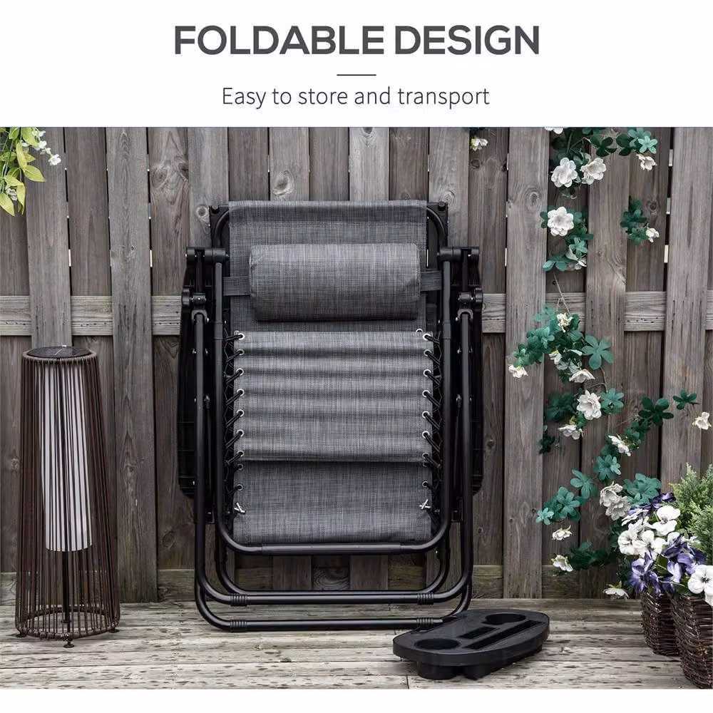 FLAVORA Grey Zero Gravity Garden Folding Patio Sun Lounger with Adjustable Headrest and Side Tray – 3
