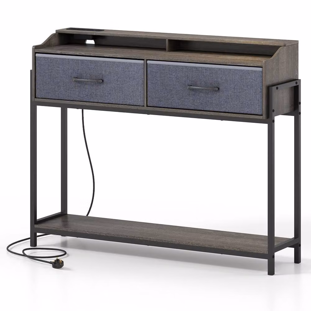 Costway Grey Industrial Console Table with Charging Station and Shelves – 5