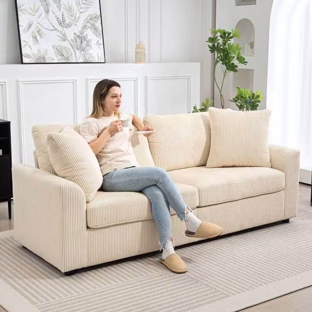 HOMCOM 3 Seater Upholstered Jumbo Cord Sofa in Beige, Width: 212 cm