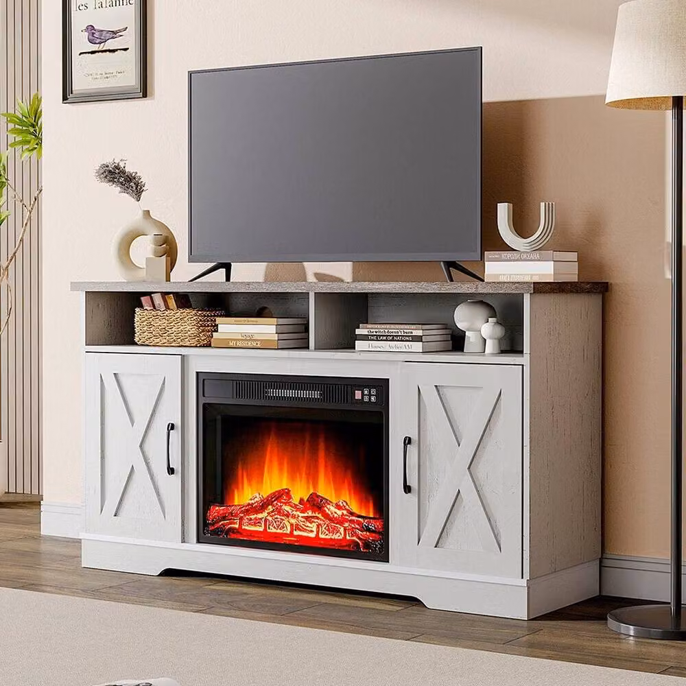 FORGEVIO Modern White TV Stand Unit Cabinet with Electric Fireplace and Media Compartments – 3