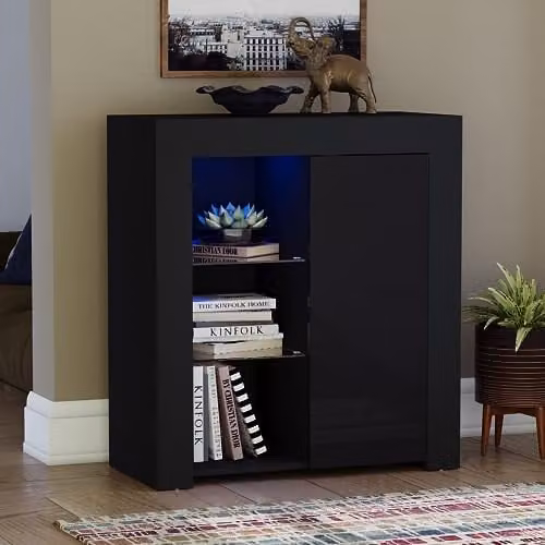 Vida Designs Azura Modern High Gloss 1 Door LED Sideboard in Black with Integrated RGB Lighting, W/D/H: 75 x 35 x 83 cm