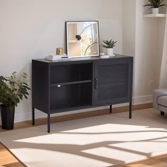 Livingandhome Modern Black Matt Metal Display Cabinet with Doors and Open Shelves