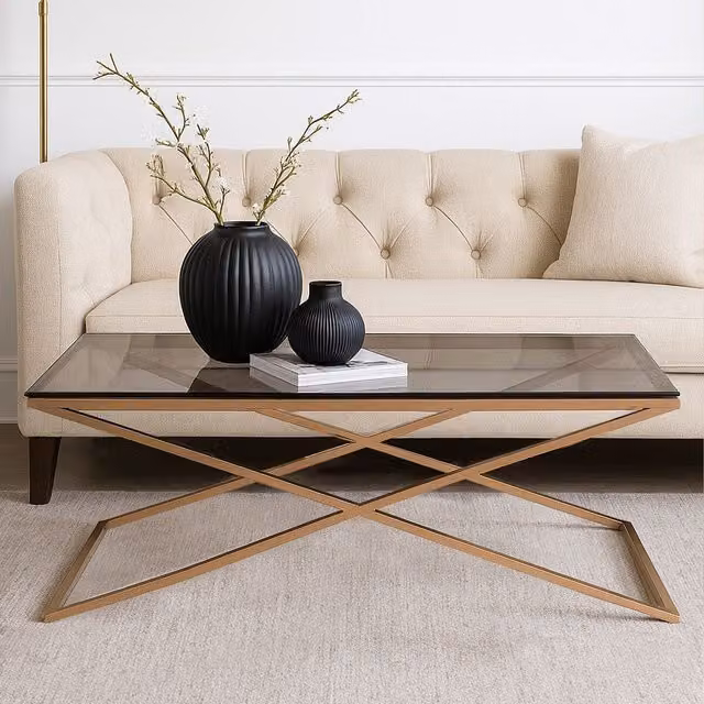 Interiors by Premier Modern Geometric Glass Top Coffee Table with X-Frame in Black and Gold, W/D/H: 130 x 65 x 40 cm – 2
