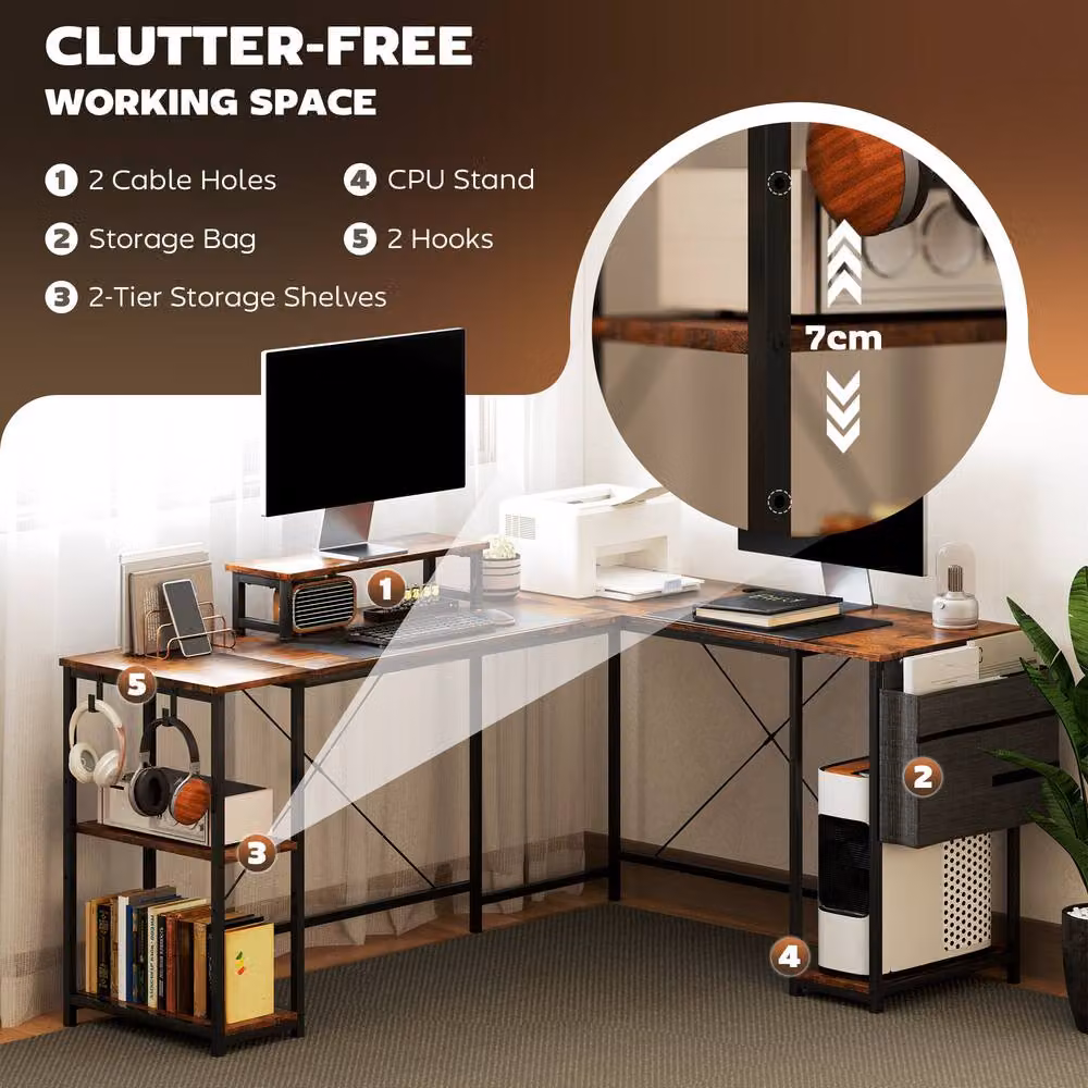 Rolipo Reversible L-Shaped Corner Computer Desk with Shelf and Monitor Stand, Brown – 5