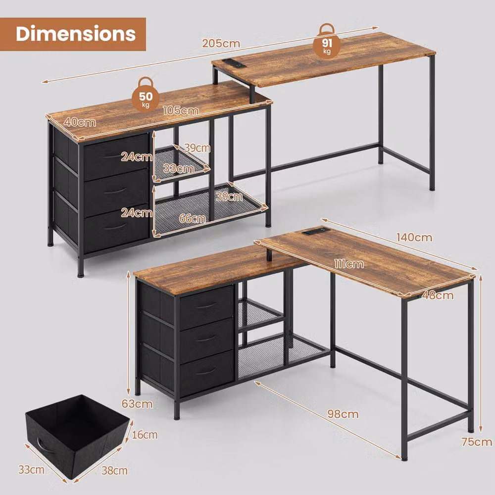 Costway L-Shaped Corner Computer Desk with Drawers in Brown – 2