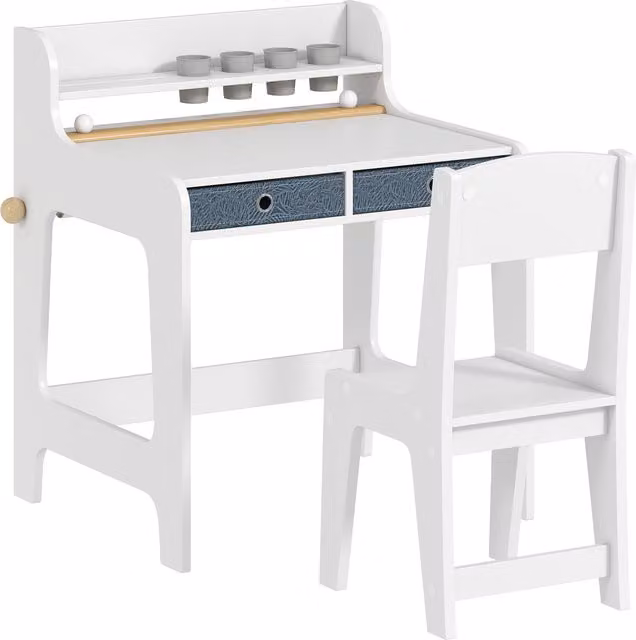 AIYAPLAY Childrens Art Table and Chair Set in White with Storage Shelf and Drawers – 1