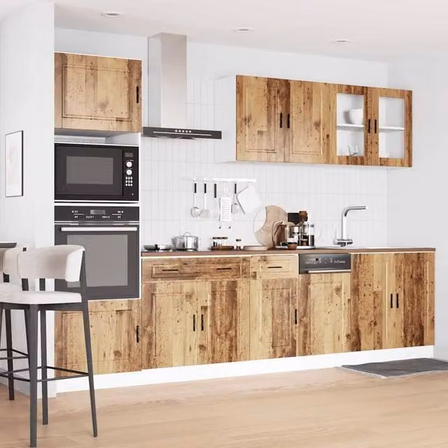Berkfield Home Kalmar 7 Piece Kitchen Cabinet Set in Brown Old Wood with Glass Doors – 1