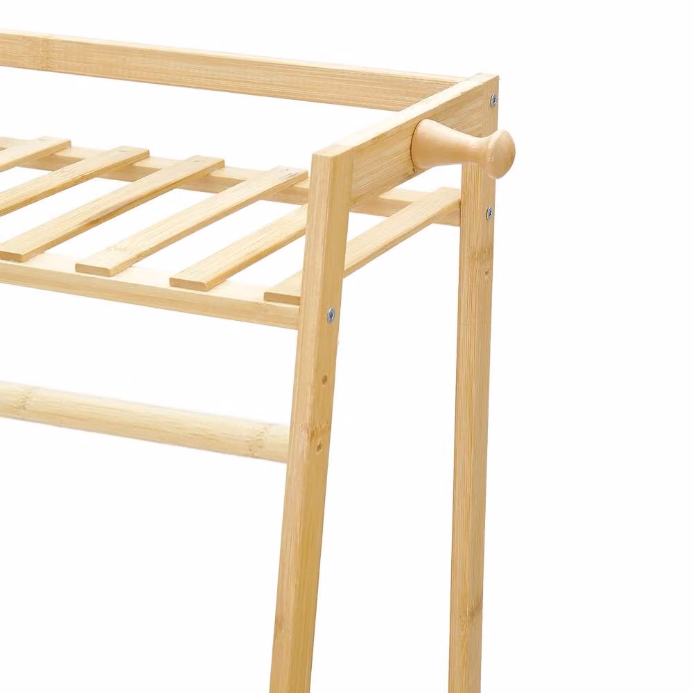ExtraStar Natural Bamboo Trapezoidal Clothing Rack with Side Shelves and Dual Hook and Rail Matrix in Beige – 3