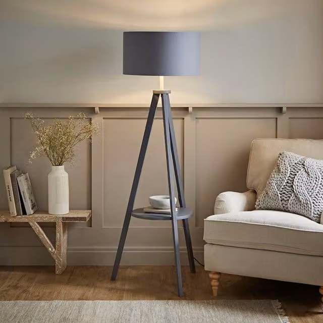 ValueLights Morrigan Grey Wood Tripod Floor Lamp with Chrome Shade – 1