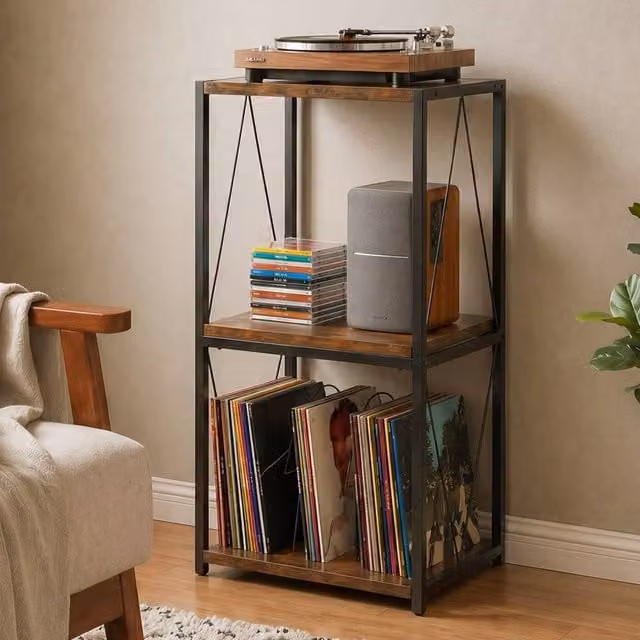 Levede 3-Tier Retro Wood Record Player Stand and Side Table with Vinyl Storage in Brown – 1