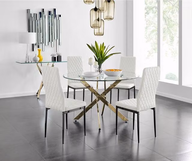 FurnitureboxUK Novara Gold Round Glass Dining Table and Four Milan Black Faux Leather Chairs in White