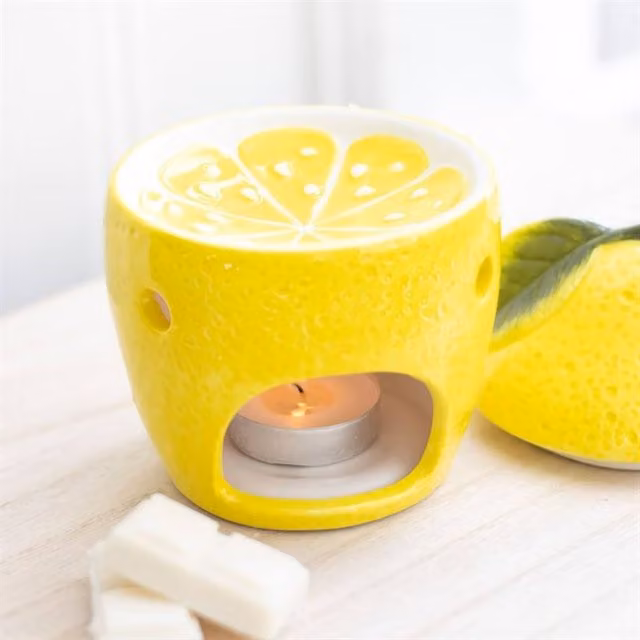 Uniqueful Ceramic Lemon Oil Burner in Yellow with Floral Design for Tealights