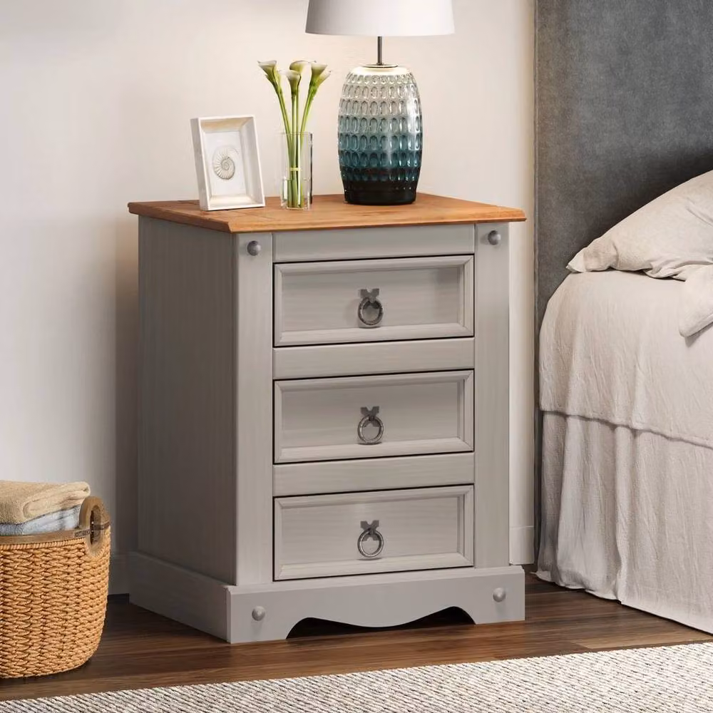 FORGEVIO Large Grey Painted 3 Drawer Bedside Cabinet in Rustic Pine Wood – 3