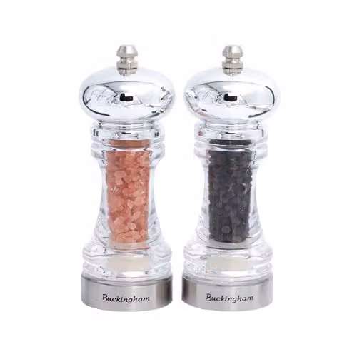 Buckingham Premium Salt and Pepper Grinder Set in Transparent Clear Acrylic with Adjustable Ceramic Grind Mechanism