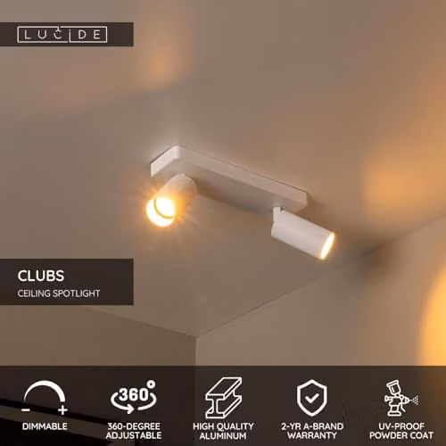 Netlighting Clubs Modern Twin Aluminium Ceiling Spotlight in White, Adjustable and Dimmable, 2xGU10 – 2