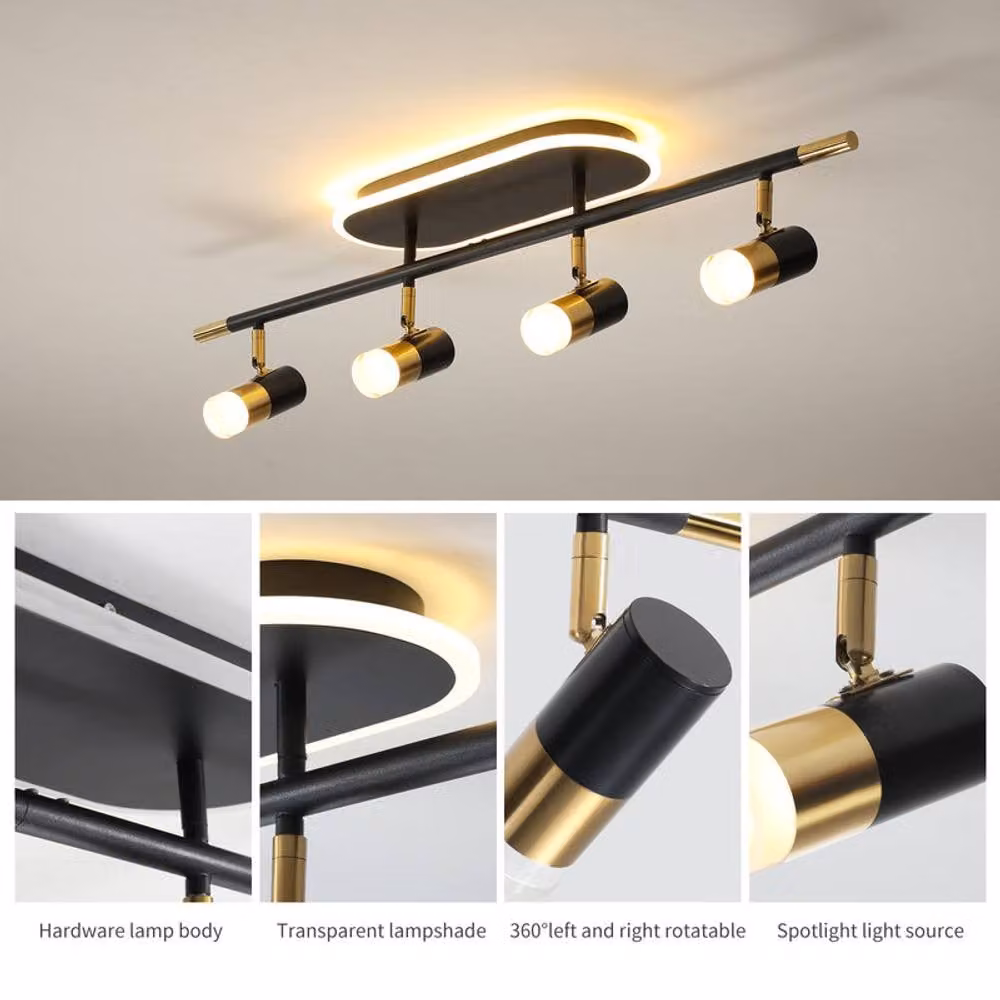 NIVOR 4-Light Dimmable LED Ceiling Track Lighting with Adjustable Spotlights in Black and Gold/Brass – 4