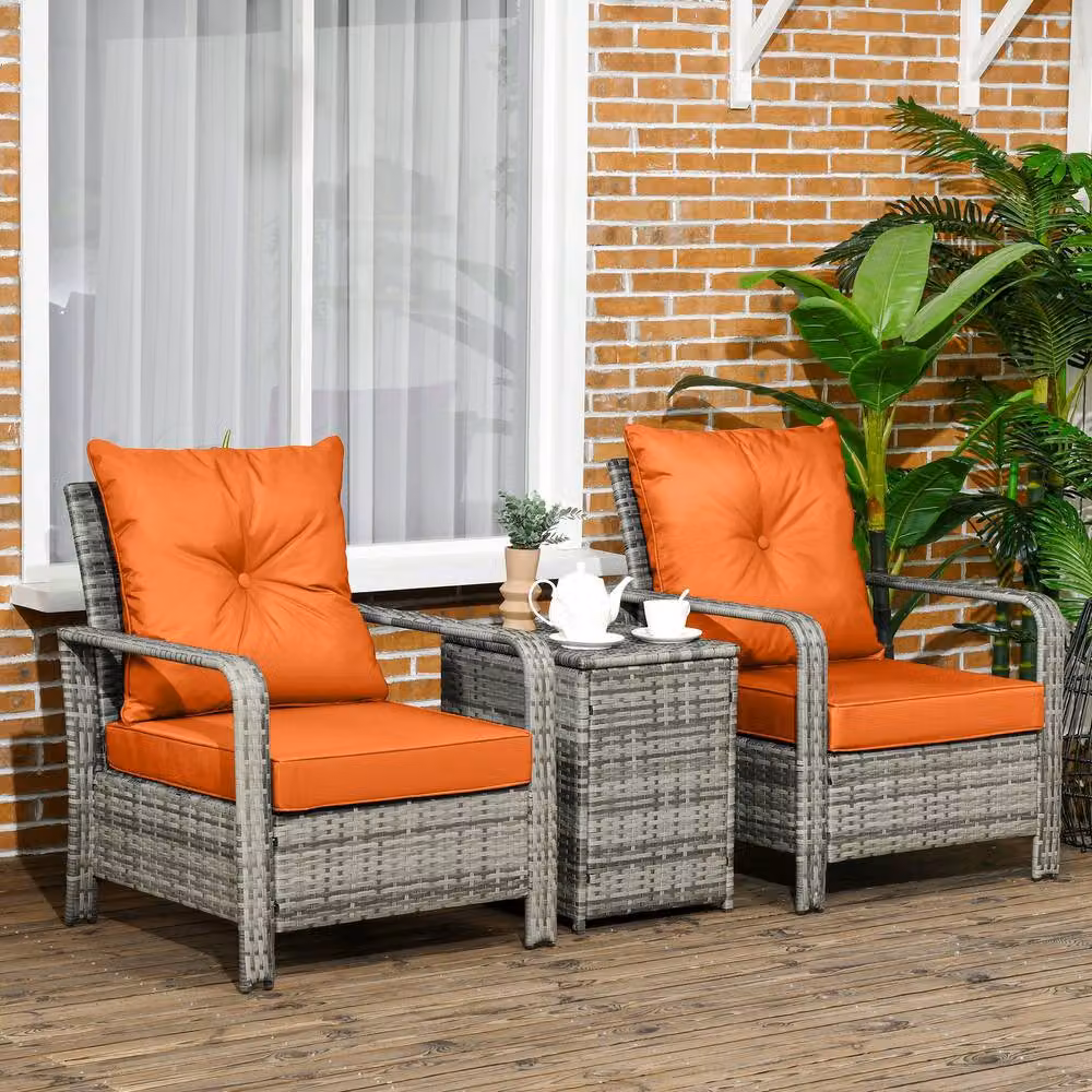 ERGOVEXA 3 Piece Orange Rattan Bistro Set for Garden and Balcony – 3