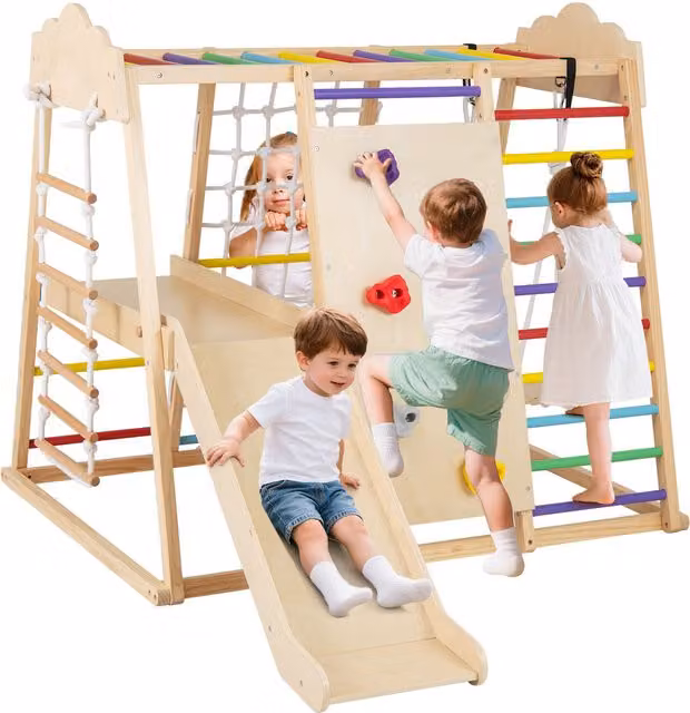 COSTWAY 8-in-1 Indoor Jungle Gym in Multicolour and Red, Wood and Textile Construction, W/D/H: 126 x 110 x 110 cm