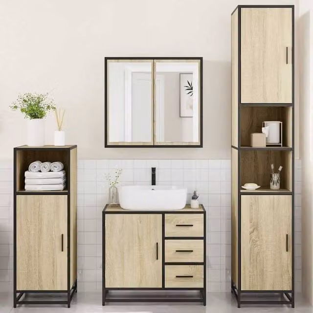 Berkfield Home 4-Piece Bathroom Furniture Set in Sonoma Oak and Light Beige – 1
