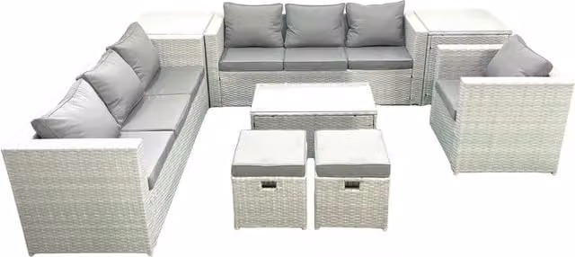 Fimous Light Grey Mixed Wicker PE Rattan Garden Furniture Set with Armchair, Oblong Coffee Table, 2 Small Footstools and 2 Side Tables