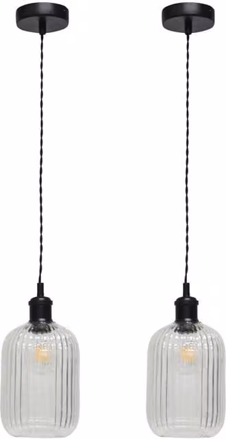 First Choice Lighting Batley Set of 2 Retro Pendant Lights with Transparent Ribbed Glass and Black Metal Finish