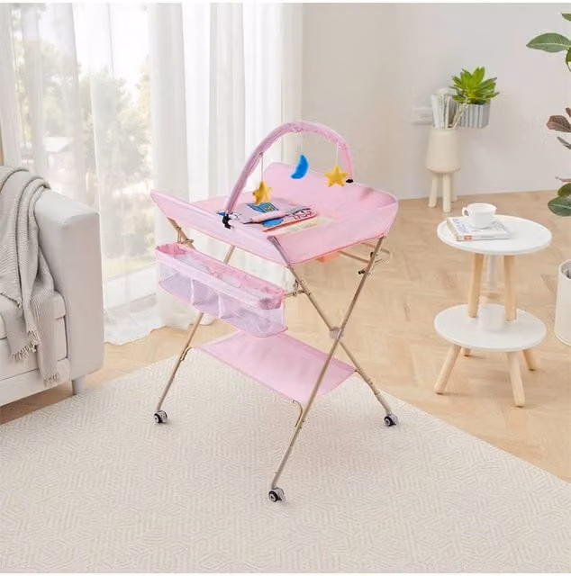 H&O Direct Multi-Functional Folding Baby Changing Table with Rolling Casters, Pink, W/D/H: 122.0 x 75.0 cm