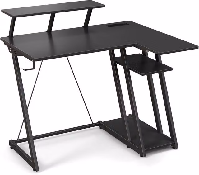 Costway L-Shaped Gaming Desk in Black with USB Ports and Outlets – 1
