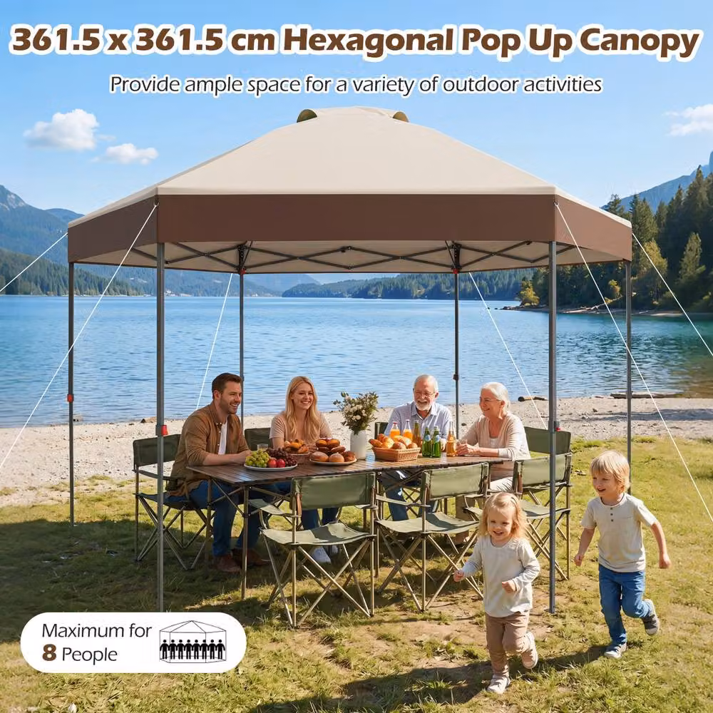 Costway Brown Pop Up Garden Gazebo with Adjustable Height Canopy Tent and Pegs, W/D/H: 360 x 360 x 360 cm – 4