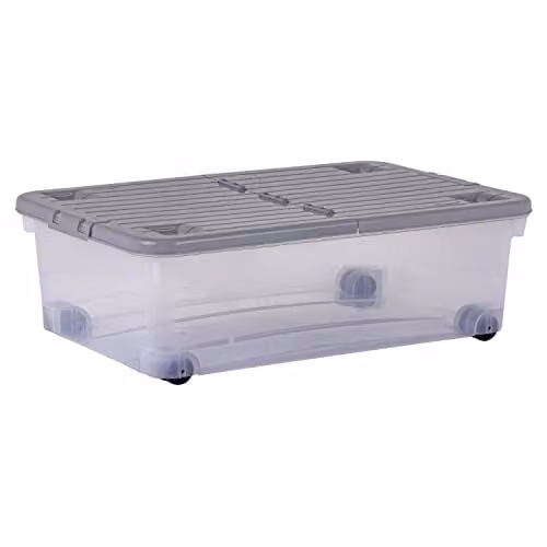 Wham 5 x 32L Plastic Storage Boxes with Folding Lids and Wheels, Transparent and Grey – 1