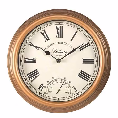 Smart Garden Astbury Bronze Round Metal Wall Clock and Thermometer, Diameter: 30 cm