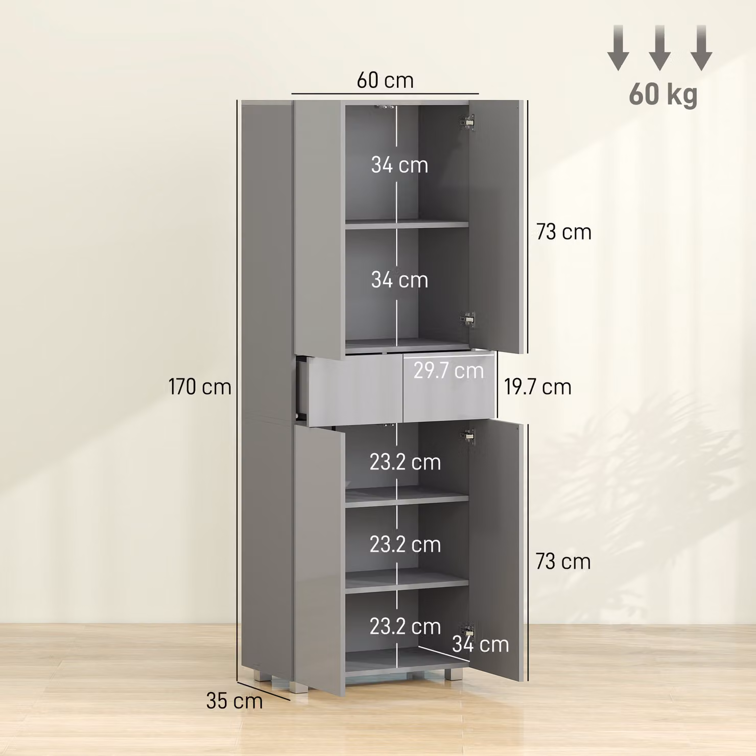HOMCOM Modern High Gloss Grey Kitchen Storage Cabinet with Hinged Doors and Internal Shelves, W: 35 cm, D: 35 cm, H: 170 cm – 3