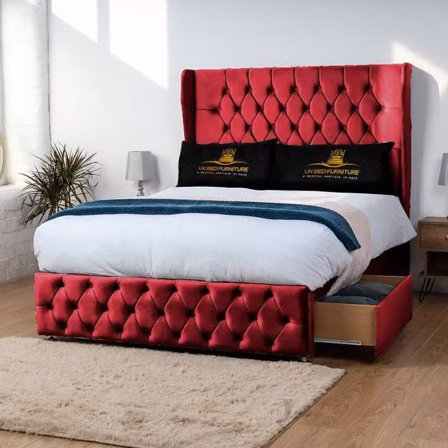 Luxor Living Luxor Wingback Divan Bed with 54 Inch Headboard and 2 Foot End Drawers in Red Velvet, Small Double, W/D/H: 120 x 200 x 135 cm