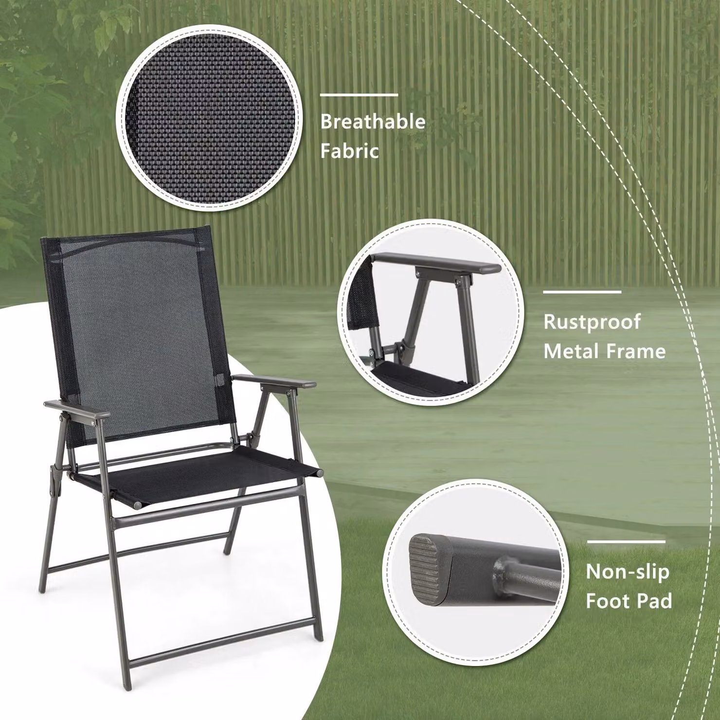 Costway 2 Piece Set of Black Folding Patio Chairs with Armrests and Textilene Fabric – 5