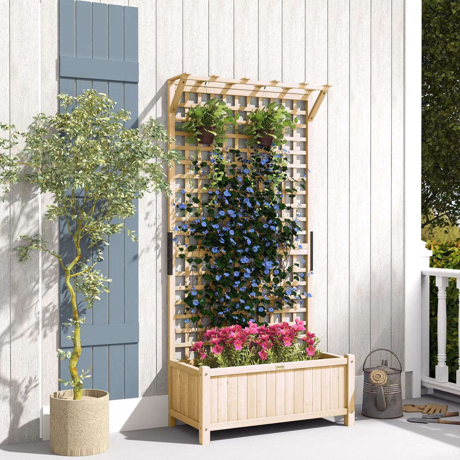 Outsunny Brown Wooden Raised Garden Bed with Trellis and Drainage Holes for Climbing Plants, W/D/H: 183 x 90 x 38 cm – 2
