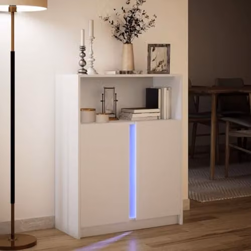 vidaXL Modern White Sideboard with Integrated LED Lighting and Glass, W/D/H: 77 x 34 x 100 cm – 2