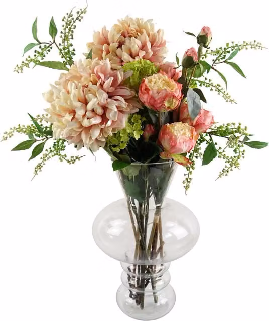 Pink Chrysanthemum Glass Bubble Vase with Green Leaf Detail, Height: 35.0 cm, Width: 27.0 cm, Depth: 27.0 cm