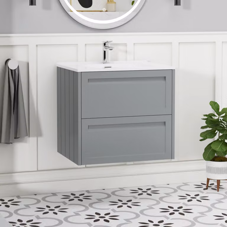 Royal Bathrooms Elmore Traditional 2 Drawer Wall Hung Vanity Unit with Ceramic Basin in Matt Pebble Grey