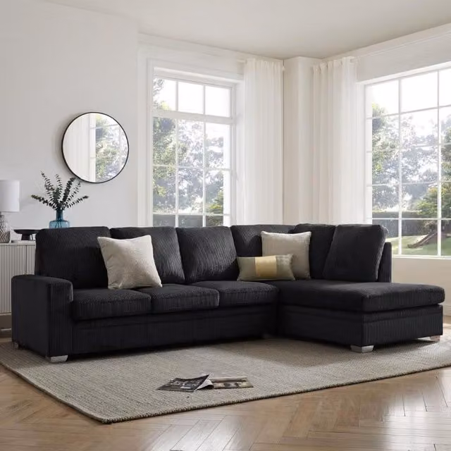 Alana Right-Facing L-Shape Corner Sofa in Black Fabric with Scatter Cushions