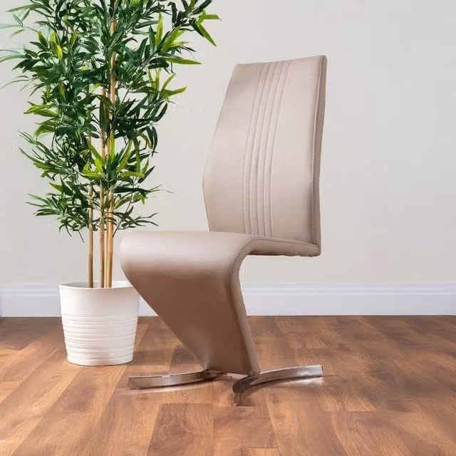 FurnitureboxUK Set of 2 Willow Contemporary Z Shaped Faux Leather Dining Chairs with Silver Chrome Metal Legs in Beige – 1