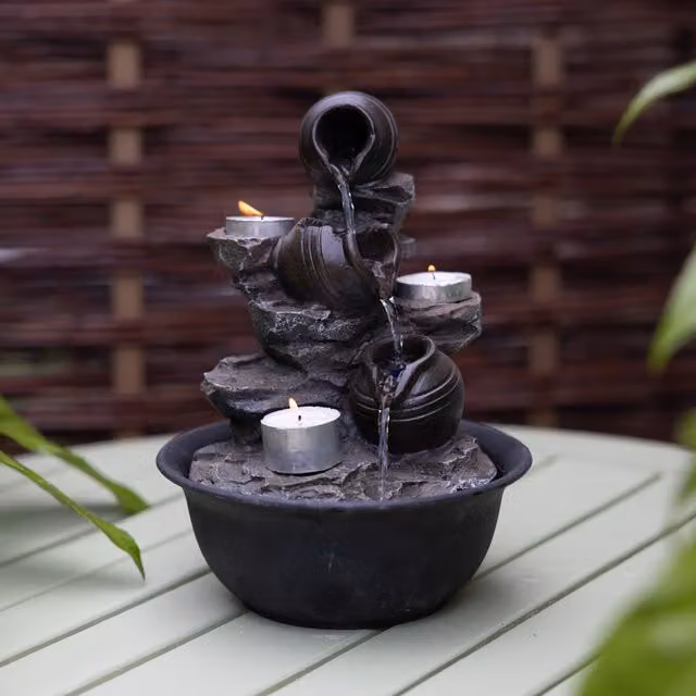 Primrose Tabletop Cascading Pots Design Garden Water Feature with LED Lights in Brown and Black