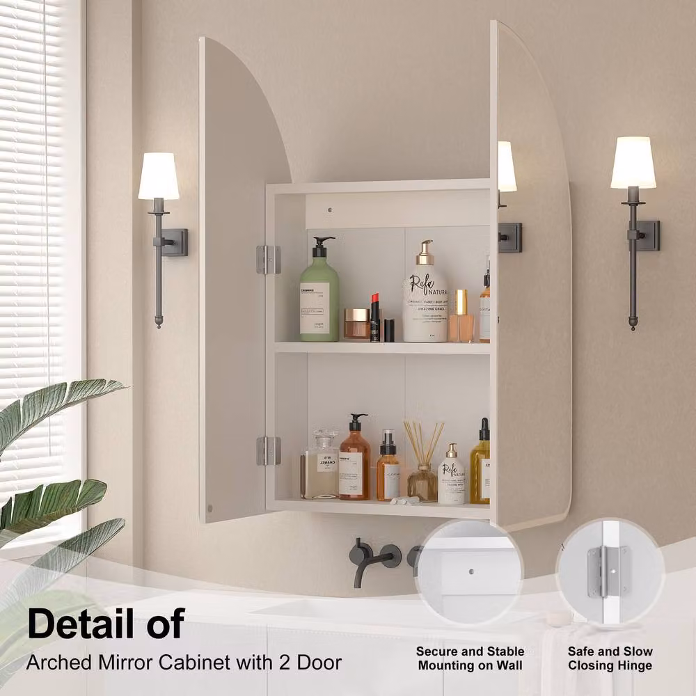 KEEPREAPER White Arched Bathroom Mirror Cabinet with 2 Hinged Glass Doors and 3 Internal Shelves, W: 60 cm, H: 70 cm – 2